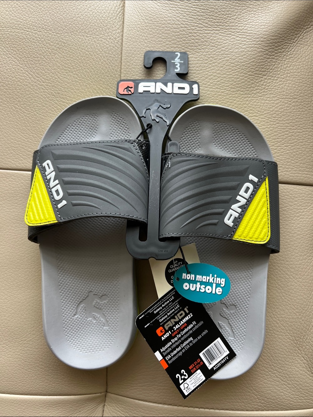 And1 Gray and Yellow Kids Slide Sandals with Adjustable Strap